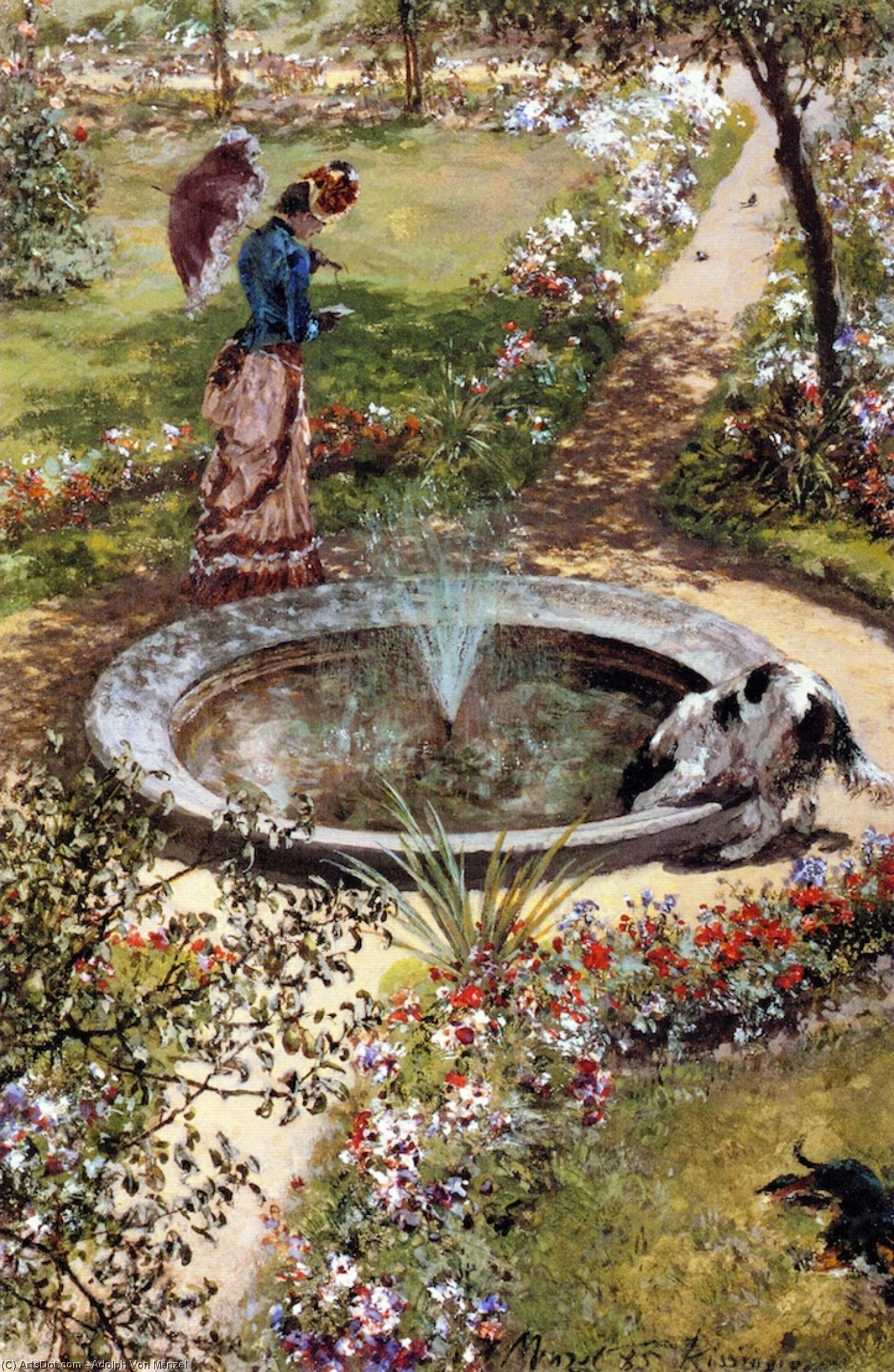 WikiOO.org - 百科事典 - 絵画、アートワーク Adolph Menzel - キッシンゲンスパガーデンの噴水によって歩くレディ