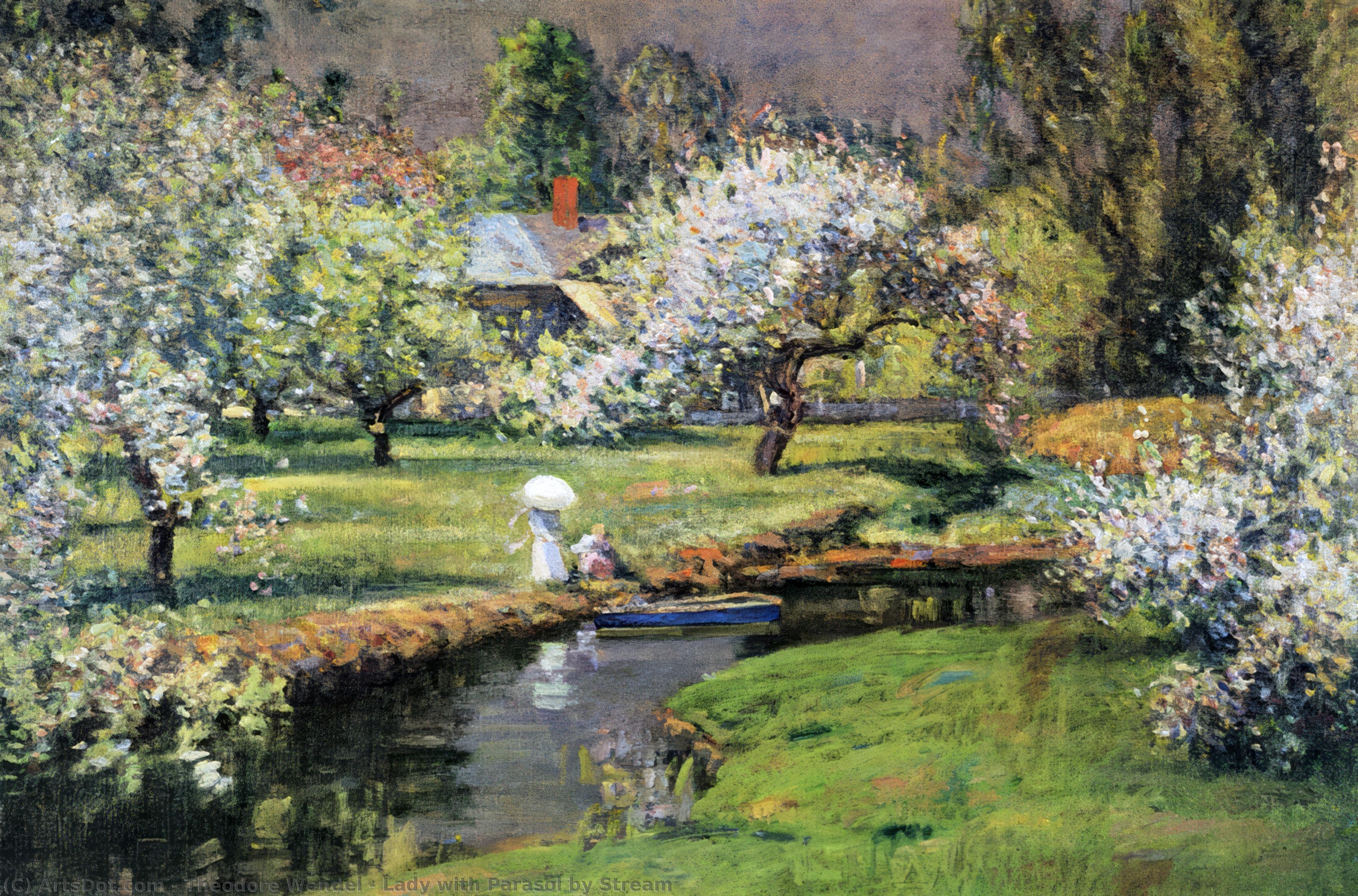 Wikioo.org - The Encyclopedia of Fine Arts - Painting, Artwork by Theodore Wendel - Lady with Parasol by Stream