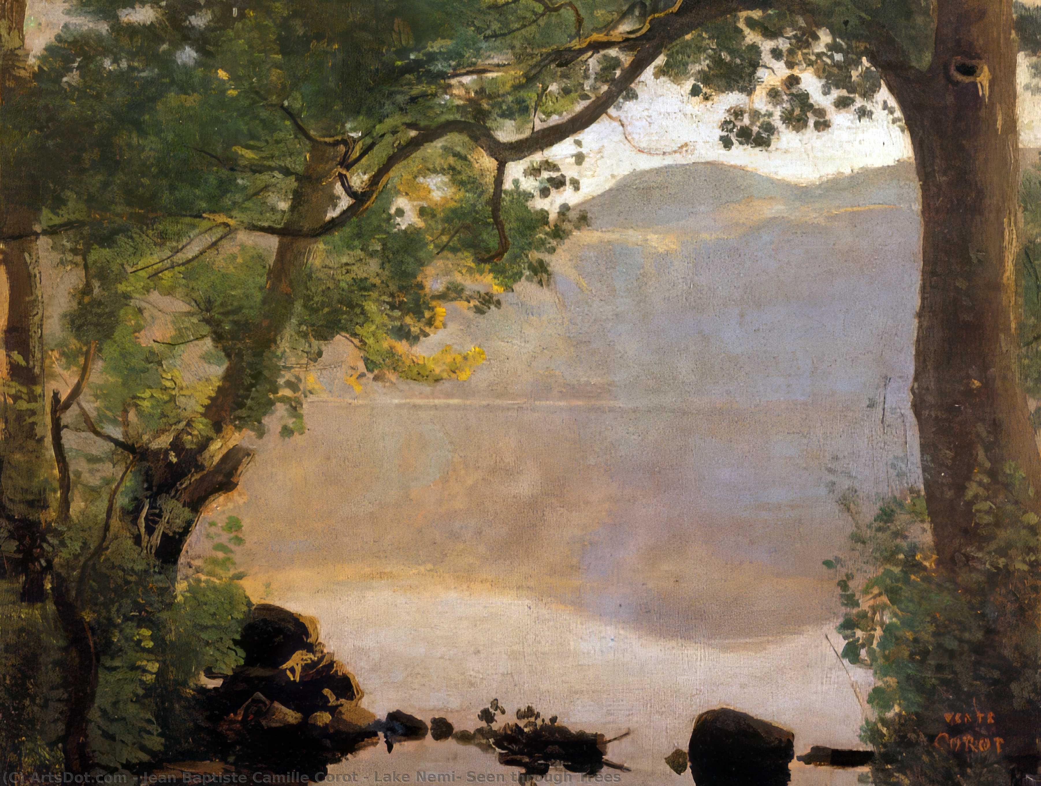 WikiOO.org - Enciclopédia das Belas Artes - Pintura, Arte por Jean Baptiste Camille Corot - Lake Nemi, Seen through Trees