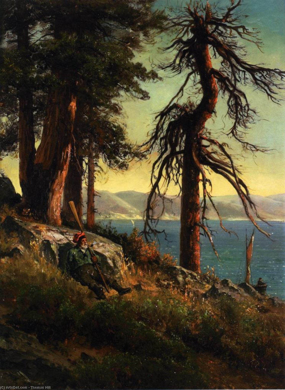 WikiOO.org - Encyclopedia of Fine Arts - Maalaus, taideteos Thomas Hill - Lake Tahoe (also known as A Man with an Oar Sitting on a Bluff)