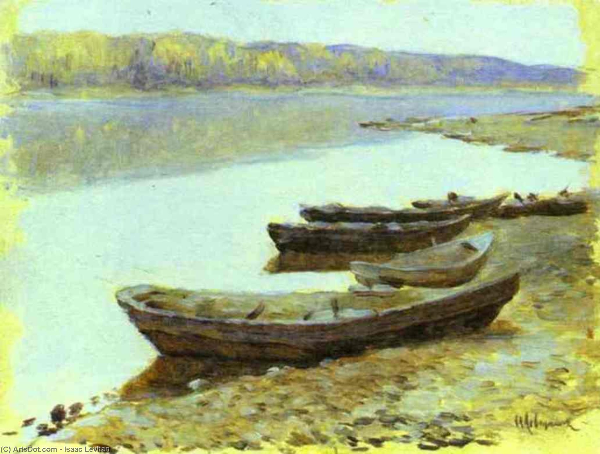 Wikioo.org - Bách khoa toàn thư về mỹ thuật - Vẽ tranh, Tác phẩm nghệ thuật Isaak Ilyich Levitan - Landscape on the Volga. Boats by the Riverbank