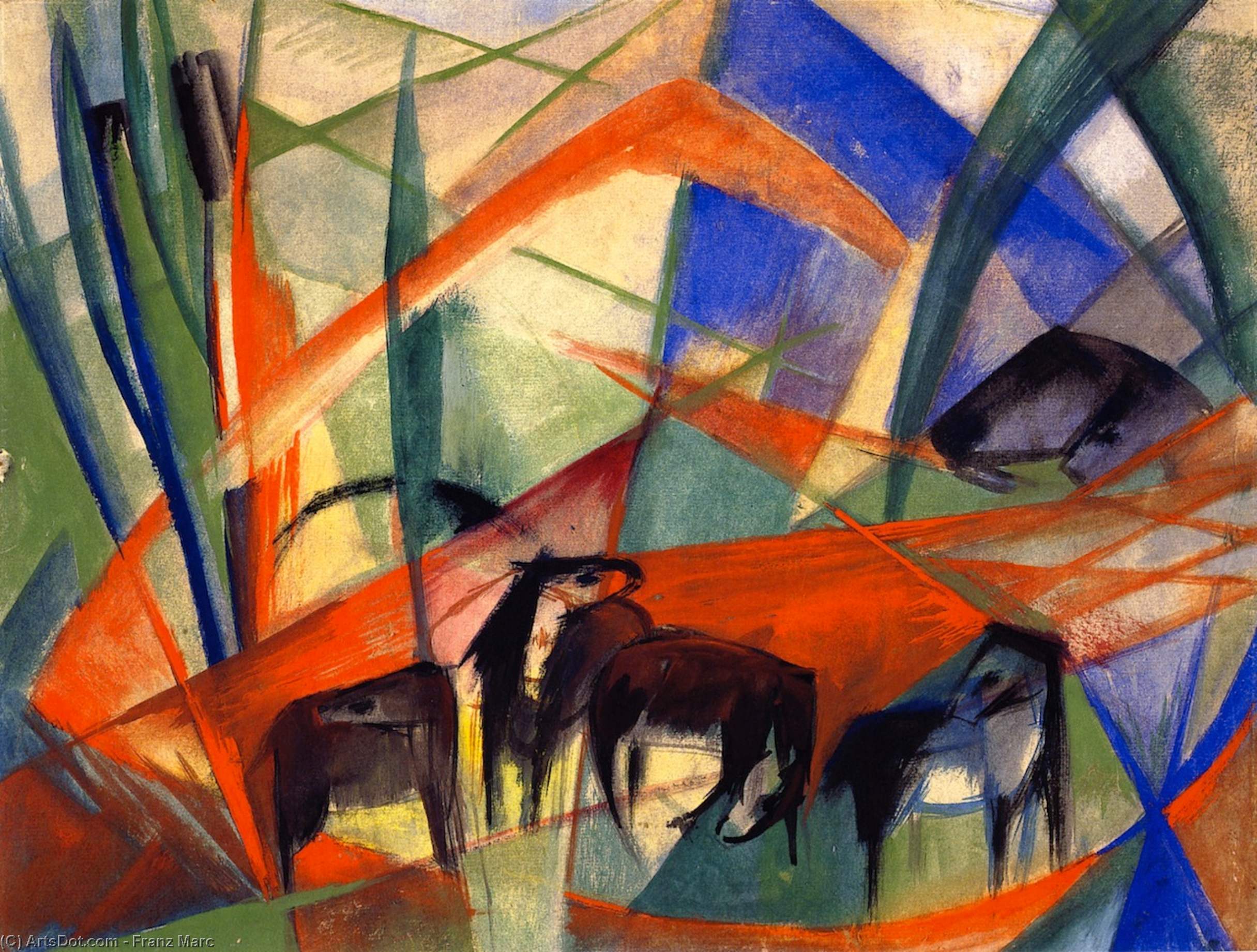 Wikioo.org - The Encyclopedia of Fine Arts - Painting, Artwork by Franz Marc - Landscape with Black Horses