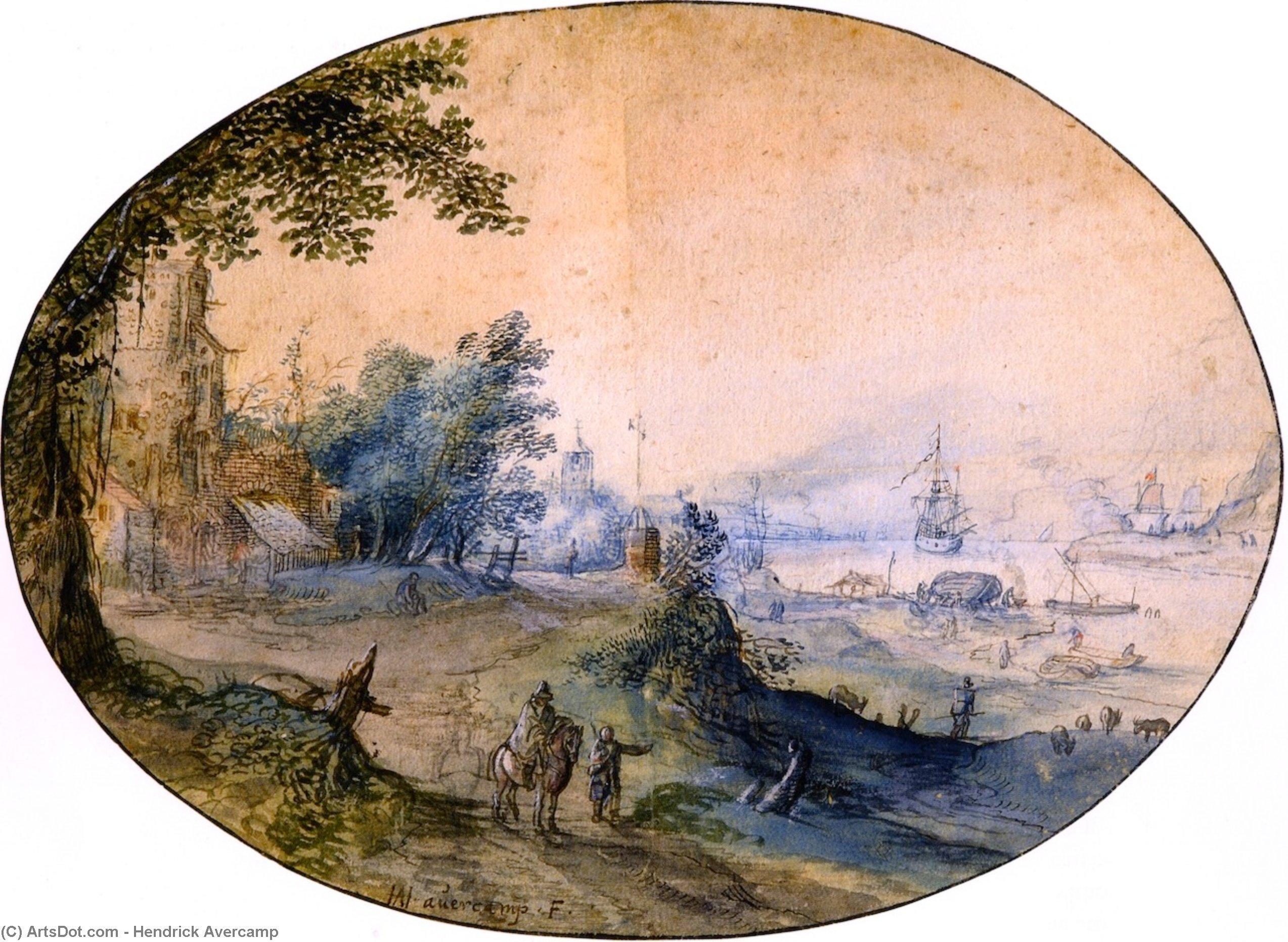 Wikioo.org - The Encyclopedia of Fine Arts - Painting, Artwork by Hendrick Avercamp - Landscape with Buildings on the Bank of a River