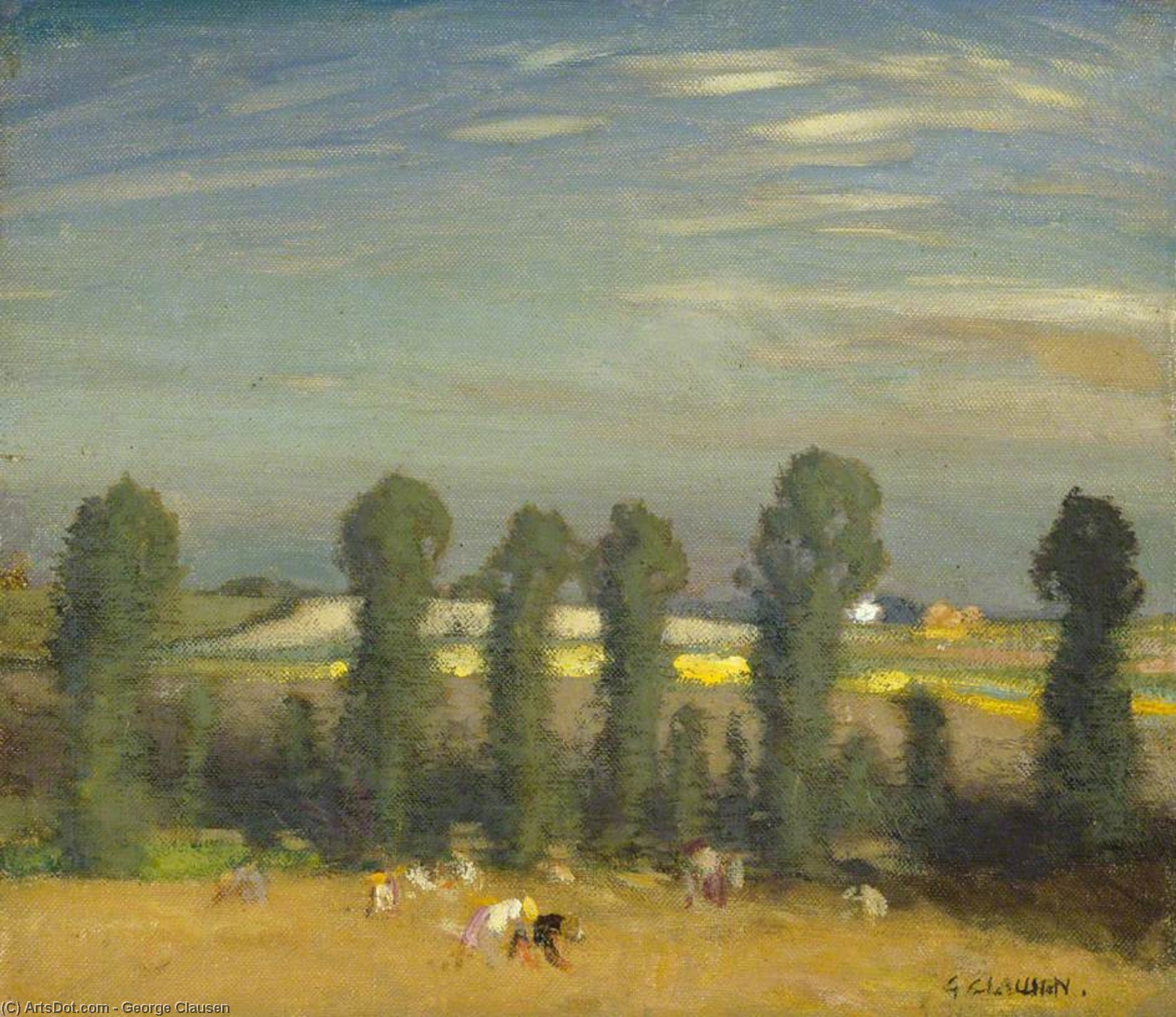 Wikioo.org - สารานุกรมวิจิตรศิลป์ - จิตรกรรม George Clausen - Landscape with Hayfield and Poplars
