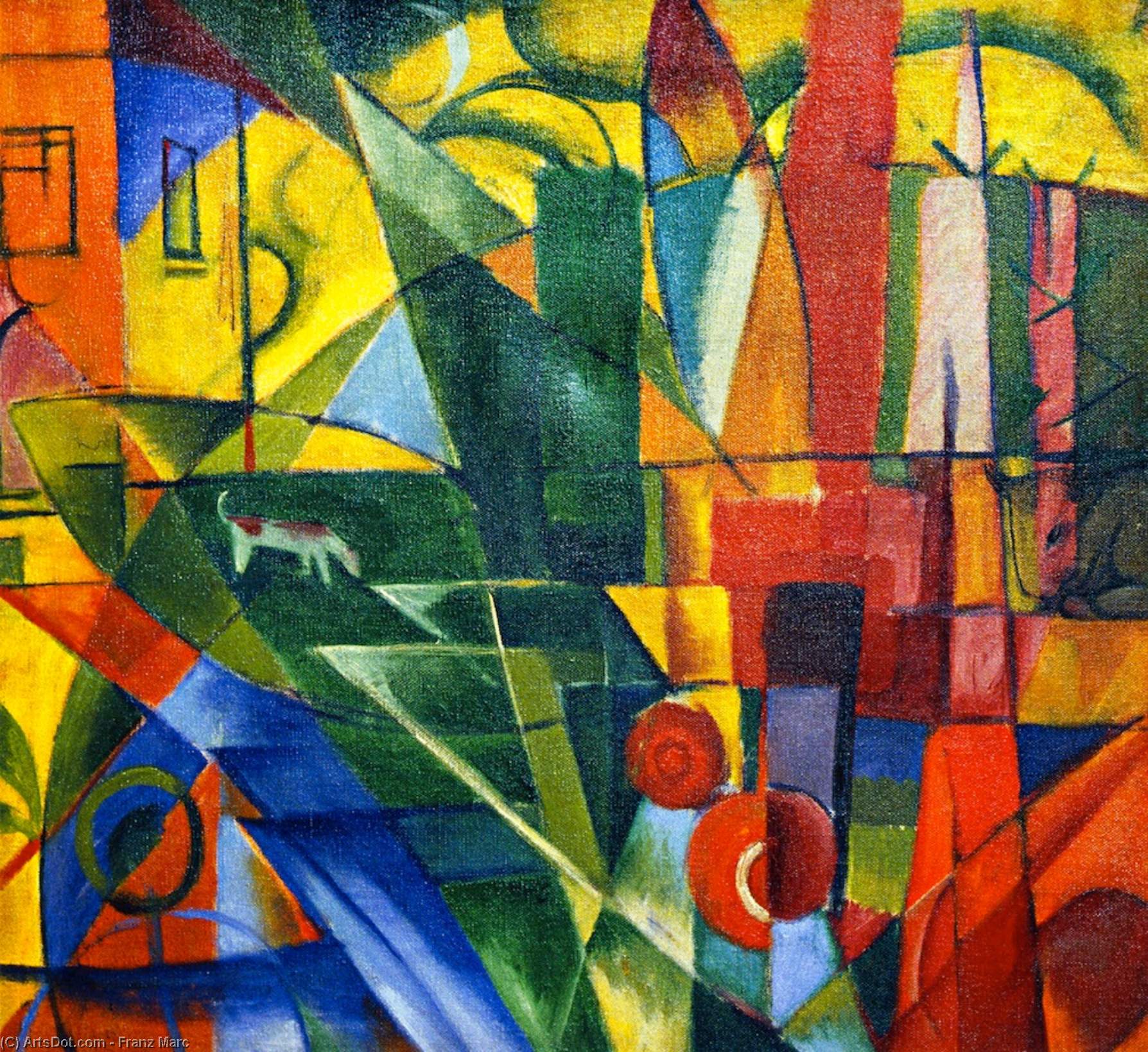 WikiOO.org - Encyclopedia of Fine Arts - Festés, Grafika Franz Marc - Landscape with House and Two Cows (also known as Landscape with House, Dog and Cattle)