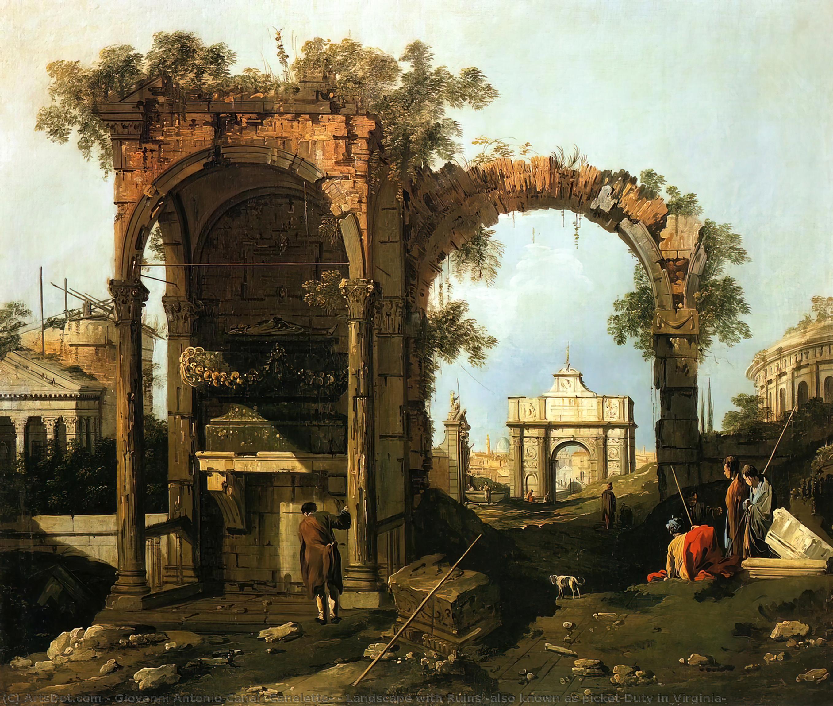 Wikioo.org - The Encyclopedia of Fine Arts - Painting, Artwork by Giovanni Antonio Canal (Canaletto) - Landscape with Ruins (also known as picket Duty in Virginia)