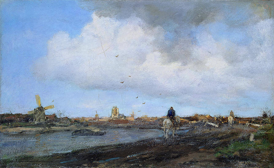 WikiOO.org - Güzel Sanatlar Ansiklopedisi - Resim, Resimler Jacob Henricus Maris - Landscape with Windmills