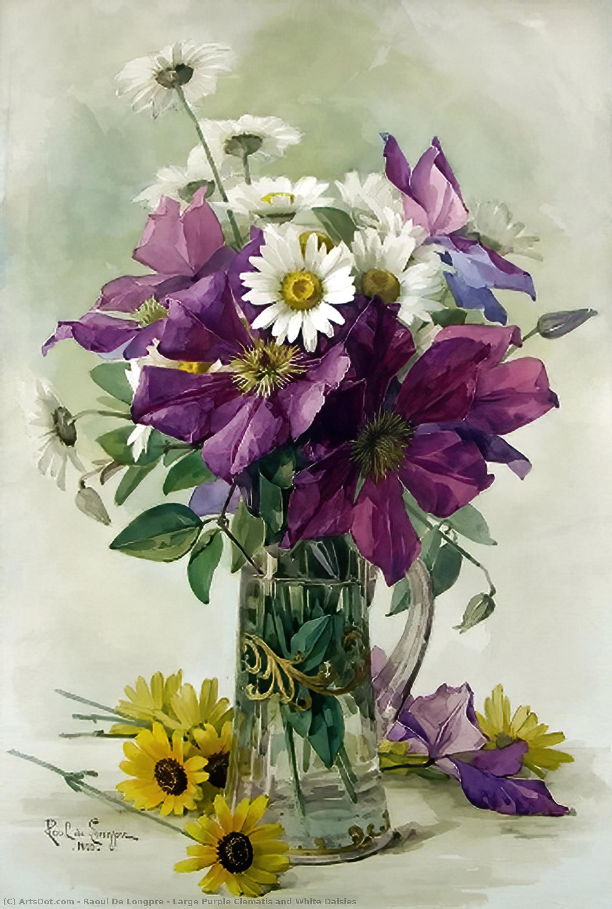 Wikioo.org - The Encyclopedia of Fine Arts - Painting, Artwork by Raoul De Longpre - Large Purple Clematis and White Daisies