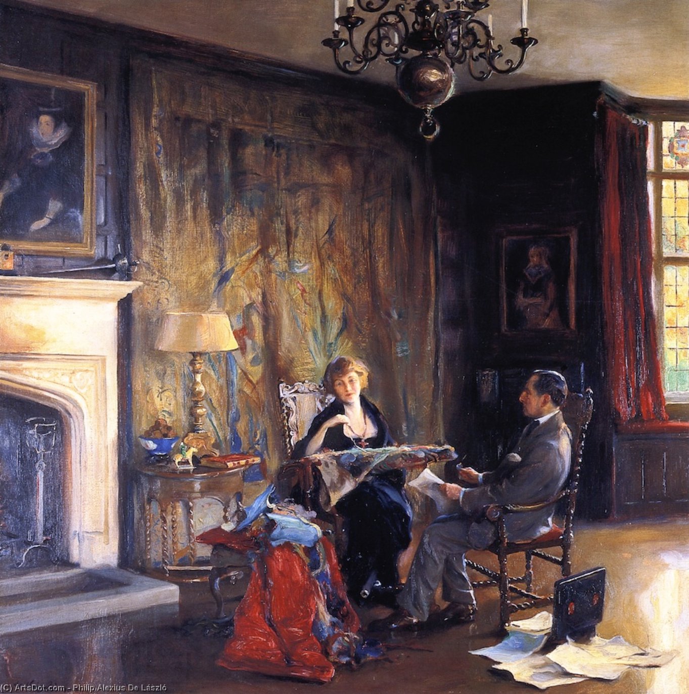 Wikioo.org - The Encyclopedia of Fine Arts - Painting, Artwork by Philip Alexius De Laszlo - 'The Last Days at Chequers' Lord and Lady Lee of Farenam in the Hawtrey Room