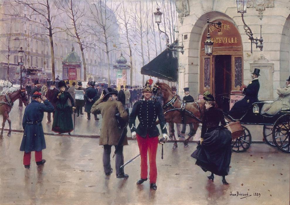 WikiOO.org - Encyclopedia of Fine Arts - Maalaus, taideteos Jean Georges Béraud - Le boulevard des Capucines devant le Théâtre du Vaudeville.