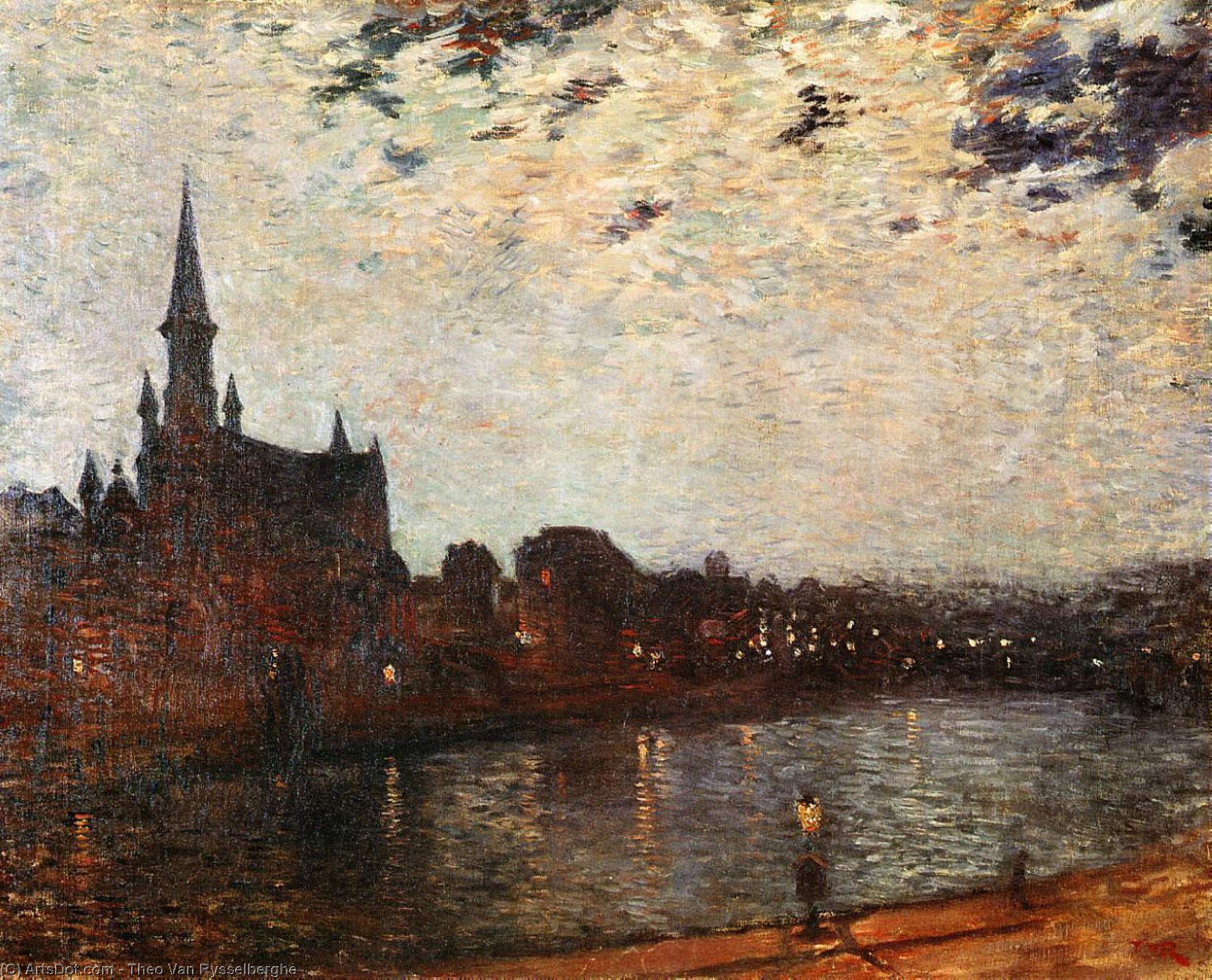 Wikioo.org - The Encyclopedia of Fine Arts - Painting, Artwork by Theo Van Rysselberghe - L'Eglise Sainte-Croix at Ixelles at Night