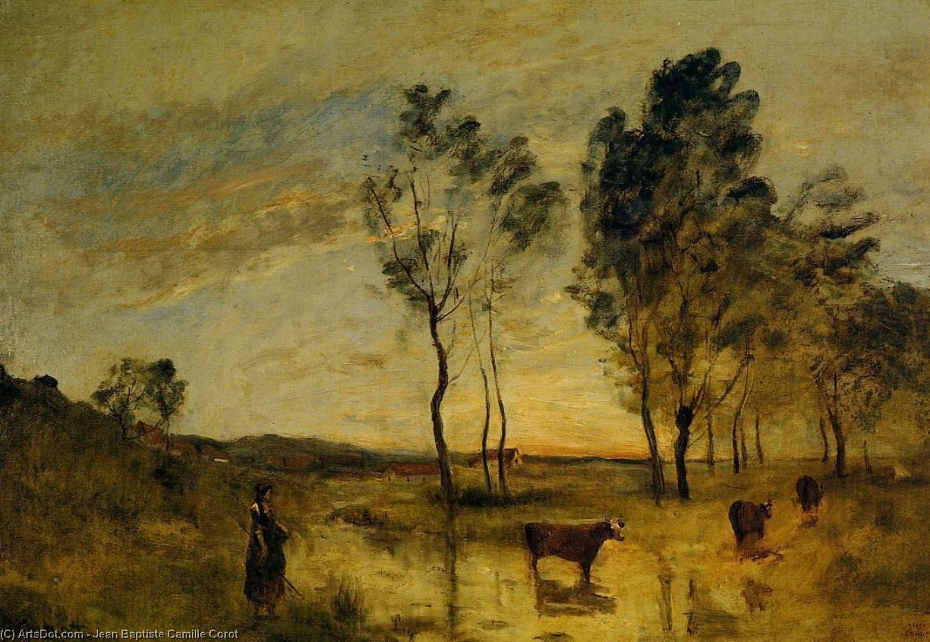 Wikioo.org - The Encyclopedia of Fine Arts - Painting, Artwork by Jean Baptiste Camille Corot - Le Gue (also known as Cows on the Banks of the Gue)
