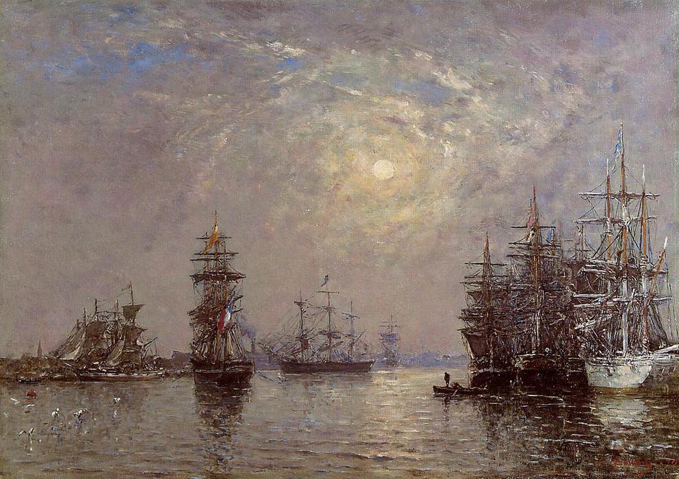Wikioo.org - The Encyclopedia of Fine Arts - Painting, Artwork by Eugène Louis Boudin - Le Havre: European Basin, Sailing Ships at Anchor, Sunset