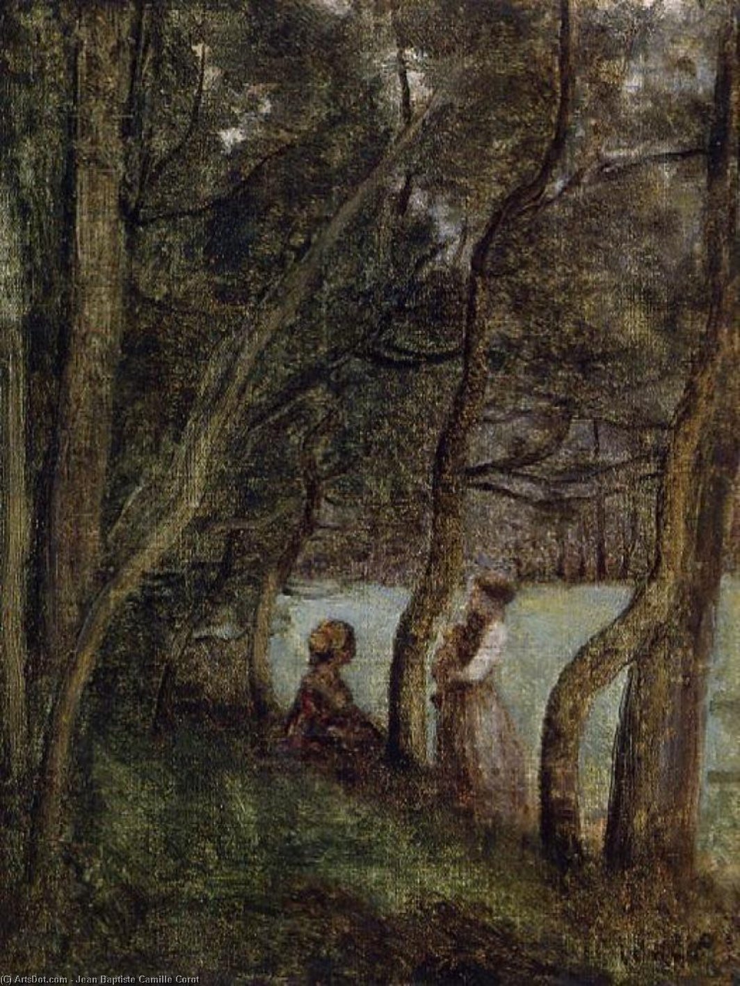 Wikioo.org – La Enciclopedia de las Bellas Artes - Pintura, Obras de arte de Jean Baptiste Camille Corot - les alinges , Alta Saboya , figuras bajo los árboles