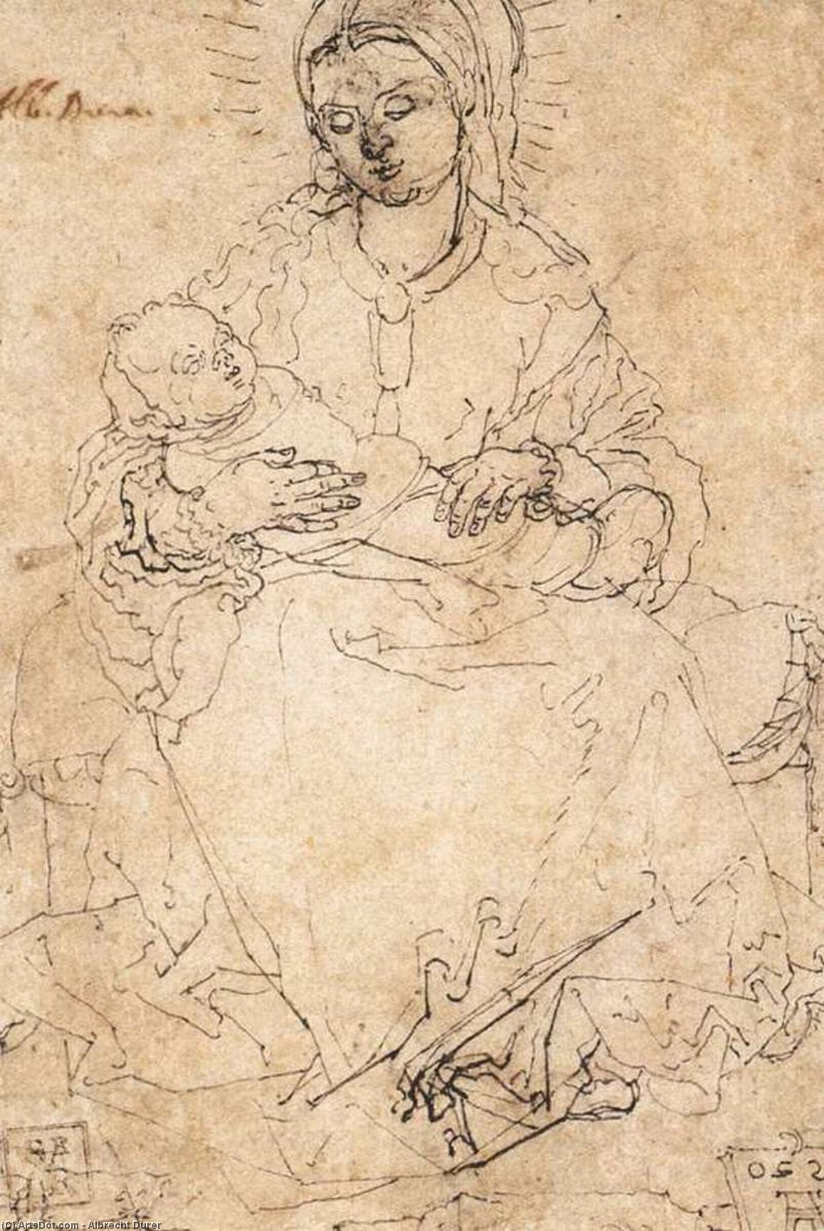Wikioo.org – L'Enciclopedia delle Belle Arti - Pittura, Opere di Albrecht Durer - Madonna col Bambino su  Un  pietra  panchina