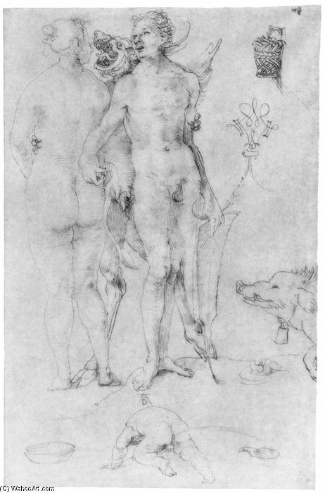 Wikioo.org - The Encyclopedia of Fine Arts - Painting, Artwork by Albrecht Durer - Study Journal, naked couple and the Devil