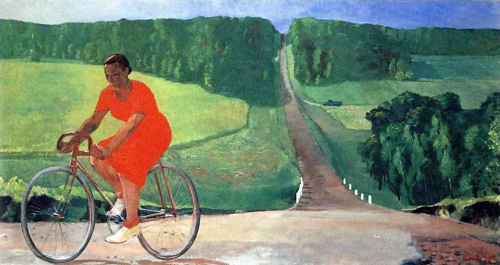 Wikioo.org - The Encyclopedia of Fine Arts - Painting, Artwork by Aleksandr Deyneka - Collective Farm Girl on a bike
