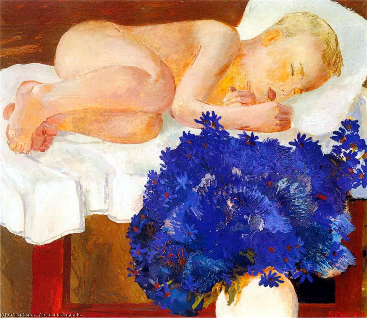 Wikioo.org - The Encyclopedia of Fine Arts - Painting, Artwork by Aleksandr Deyneka - Sleeping baby with cornflowers
