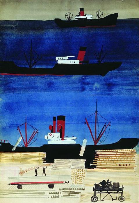 WikiOO.org - Encyclopedia of Fine Arts - Lukisan, Artwork Aleksandr Deyneka - Port with ships