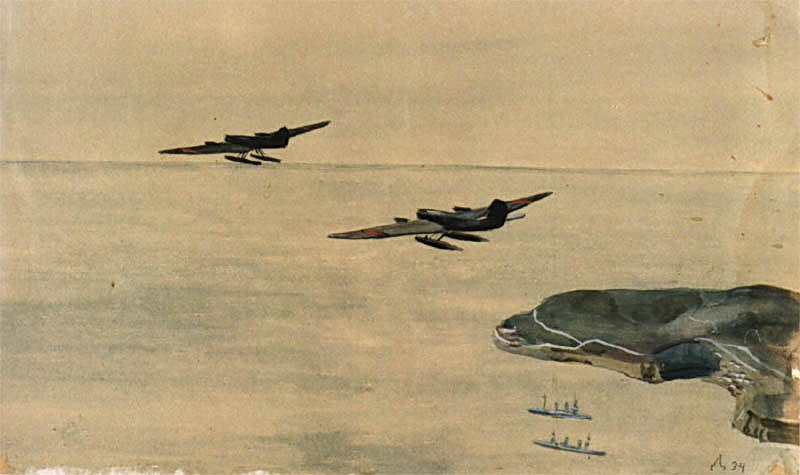 WikiOO.org - Encyclopedia of Fine Arts - Lukisan, Artwork Aleksandr Deyneka - Sketch with seaplane