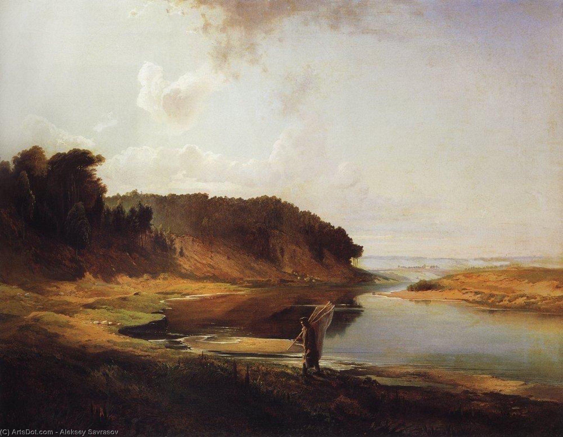 Wikioo.org - The Encyclopedia of Fine Arts - Painting, Artwork by Aleksey Savrasov - Landscape with a River and an Angler