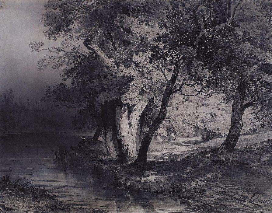 Wikioo.org – La Enciclopedia de las Bellas Artes - Pintura, Obras de arte de Aleksey Savrasov - bosque cerca el lago iluminado  apropósito  el  gafasoscuras