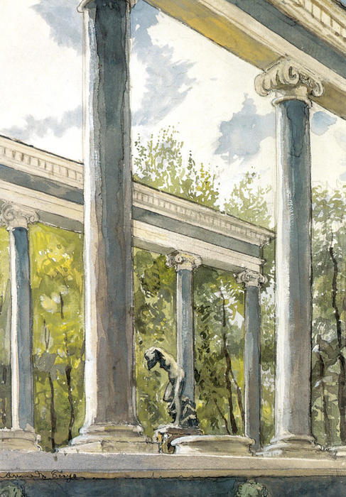 Wikioo.org - The Encyclopedia of Fine Arts - Painting, Artwork by Alexandre Benois - Peterhof Palace. Lion cascade and colonnade