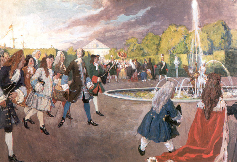 Wikioo.org - The Encyclopedia of Fine Arts - Painting, Artwork by Alexandre Benois - Peter I on a walk in the Summer Garden