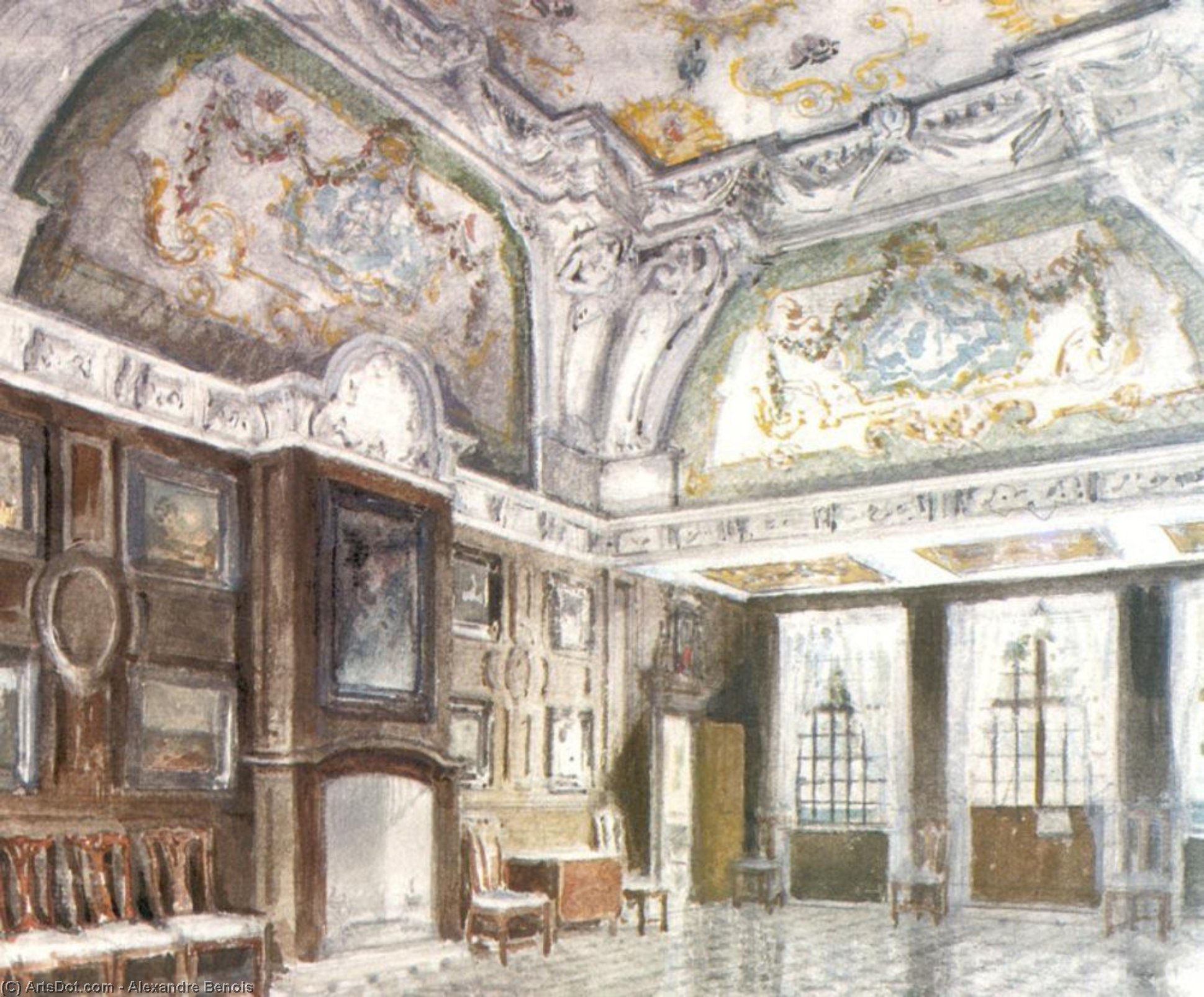 Wikioo.org - The Encyclopedia of Fine Arts - Painting, Artwork by Alexandre Benois - Peterhof Palace. Mon Plaisir. Medium room.