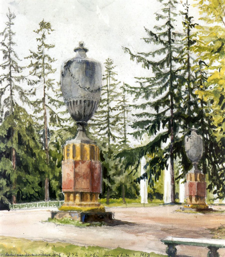 WikiOO.org - Encyclopedia of Fine Arts - Lukisan, Artwork Alexandre Benois - Peterhof Palace. Vases at the channel