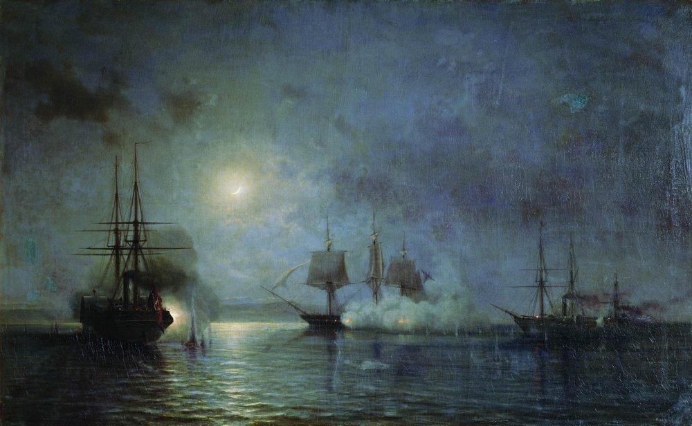 Wikioo.org - The Encyclopedia of Fine Arts - Painting, Artwork by Alexey Petrovich Bogolyubov - Turkish steamships attack 44 gun fregate Flora