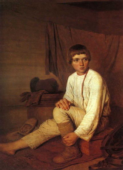 Wikioo.org - The Encyclopedia of Fine Arts - Painting, Artwork by Alexey Venetsianov - Peasant Boy Putting on Bast Sandals