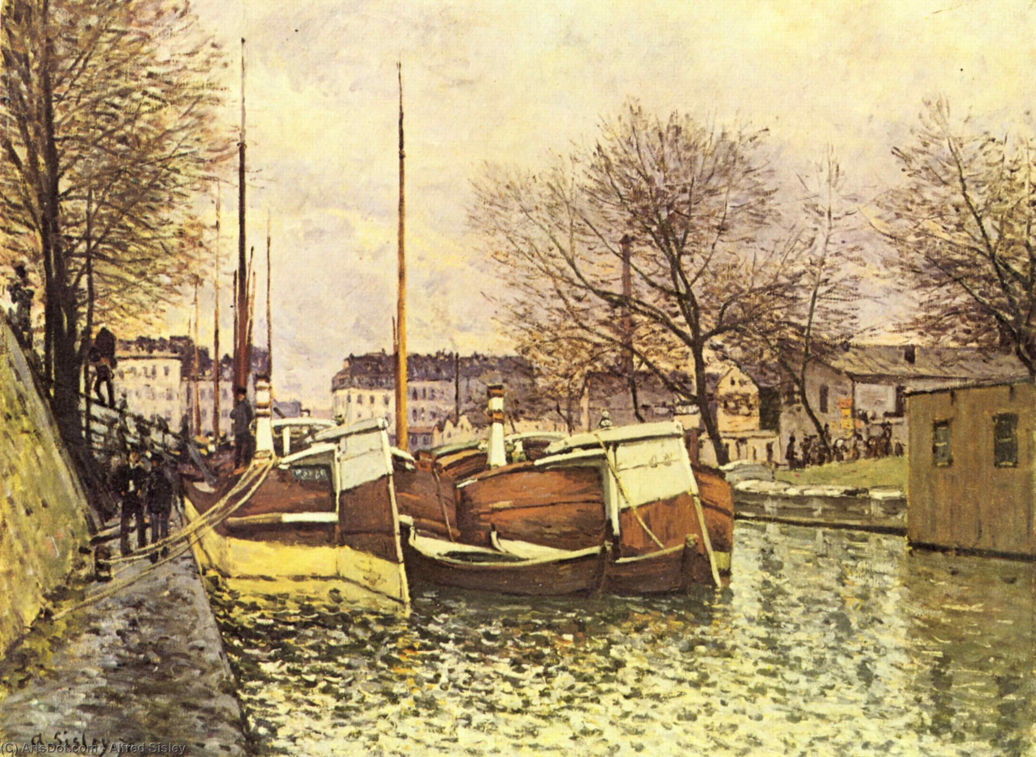 Wikioo.org - The Encyclopedia of Fine Arts - Painting, Artwork by Alfred Sisley - Barges on the Canal Saint Martin in Paris