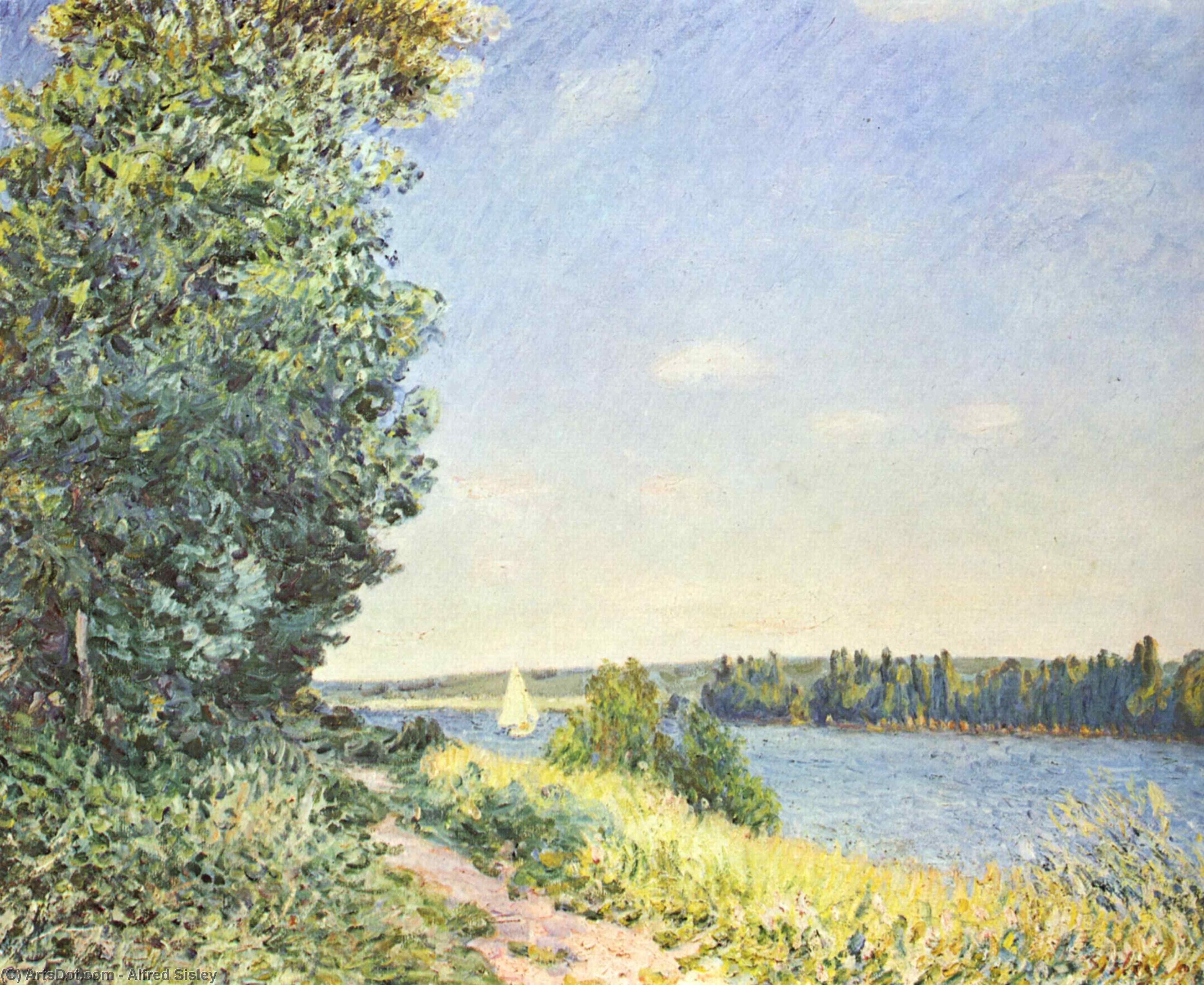 Wikioo.org - The Encyclopedia of Fine Arts - Painting, Artwork by Alfred Sisley - Normandy, the water path, in the evening at Sahurs