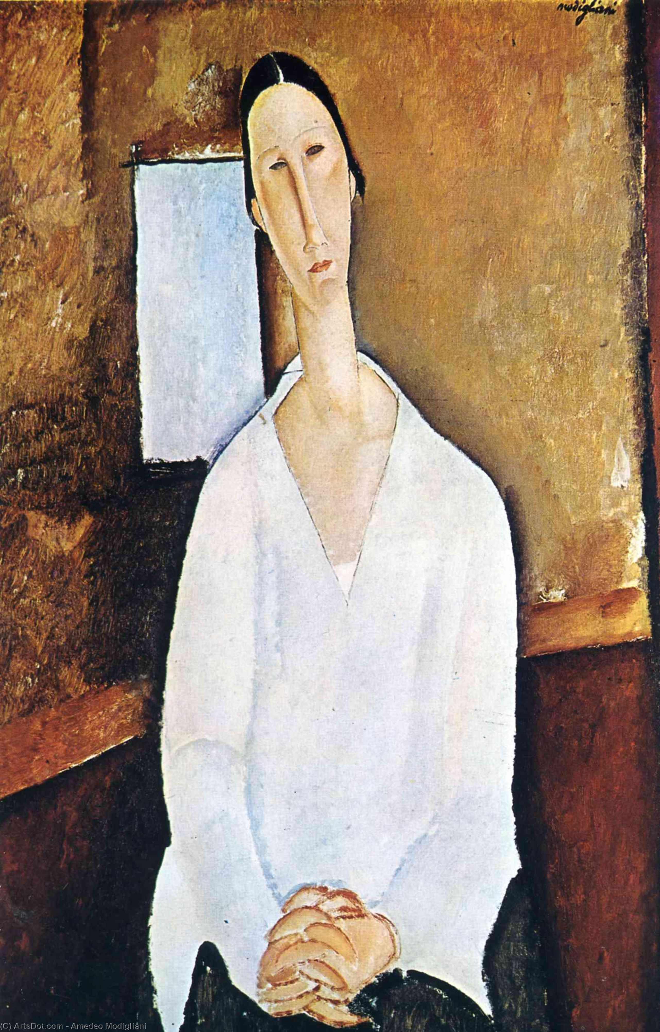 Wikioo.org - The Encyclopedia of Fine Arts - Painting, Artwork by Amedeo Modigliani - Madame Zborowska with clasped hands