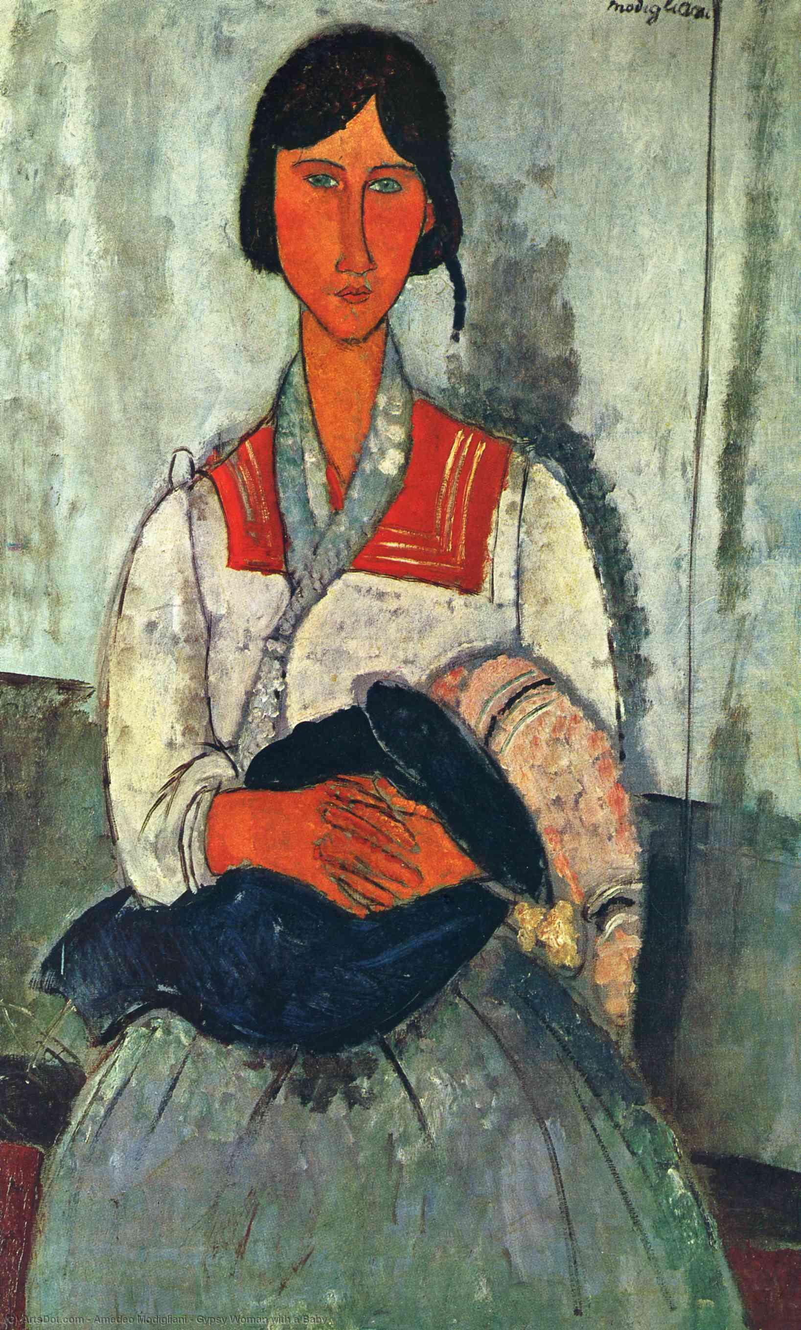 Wikoo.org - موسوعة الفنون الجميلة - اللوحة، العمل الفني Amedeo Modigliani - Gypsy Woman with a Baby