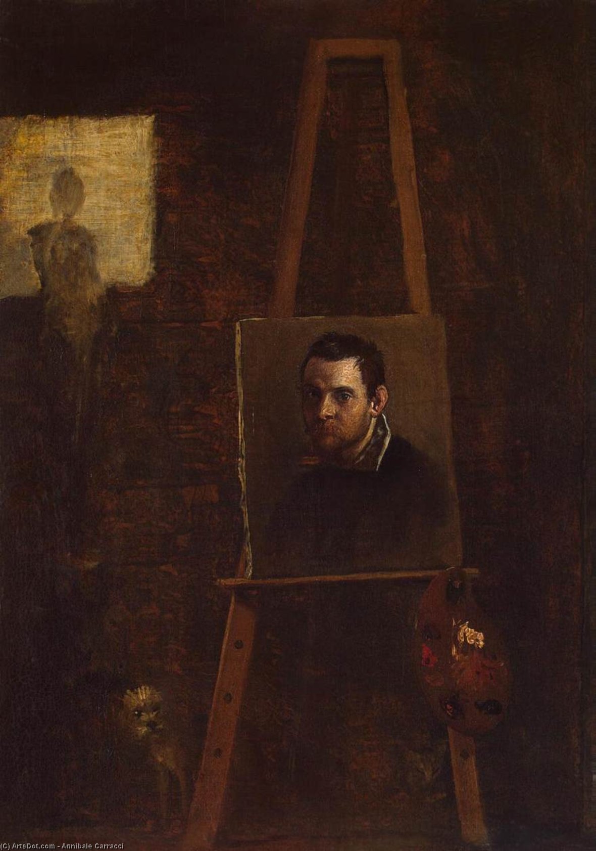 Wikioo.org - The Encyclopedia of Fine Arts - Painting, Artwork by Annibale Carracci - Self-portrait on an Easel in a Workshop