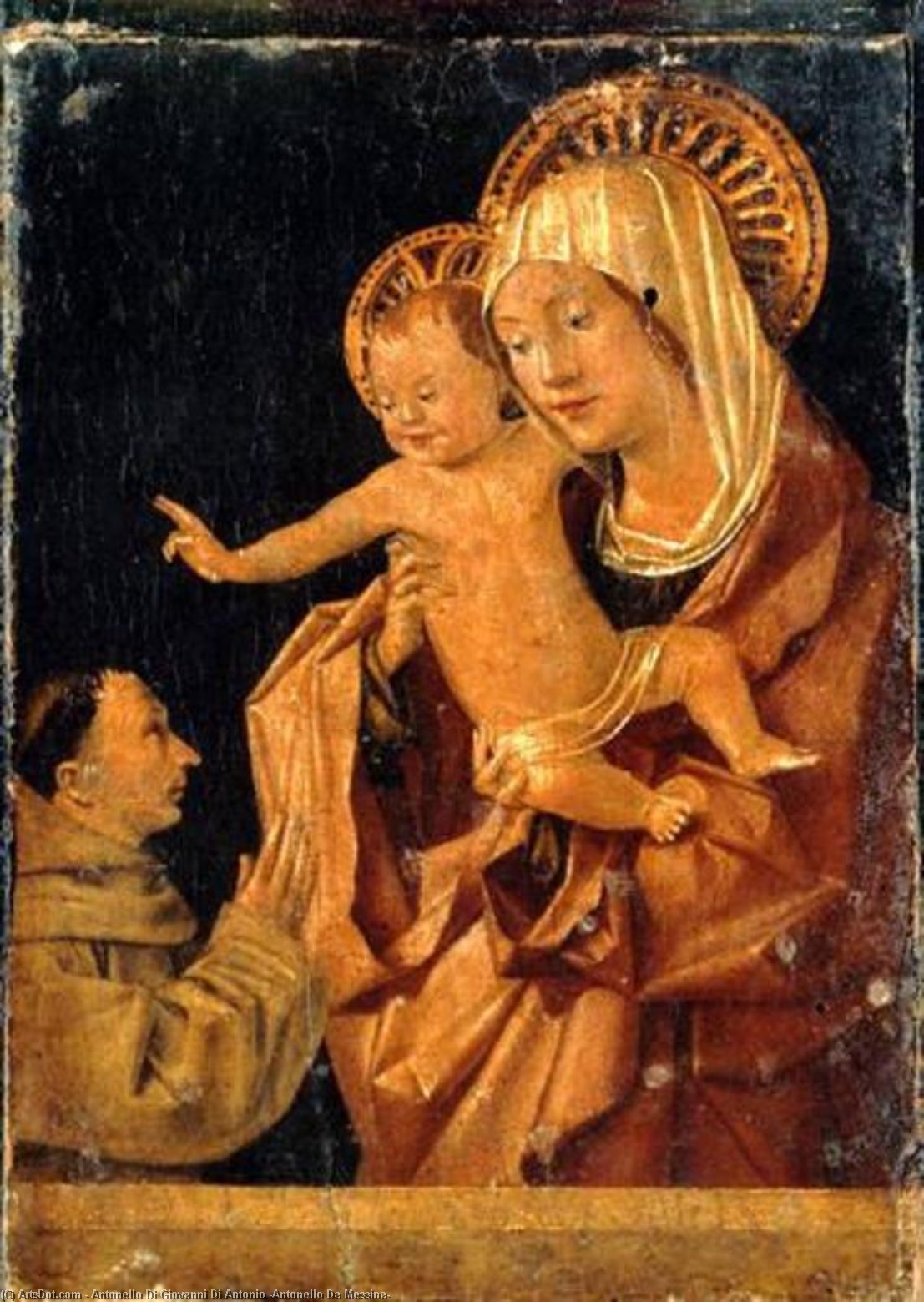 Wikioo.org - The Encyclopedia of Fine Arts - Painting, Artwork by Antonello Di Giovanni Di Antonio (Antonello Da Messina) - Madonna and Child with a Praying Franciscan Donor