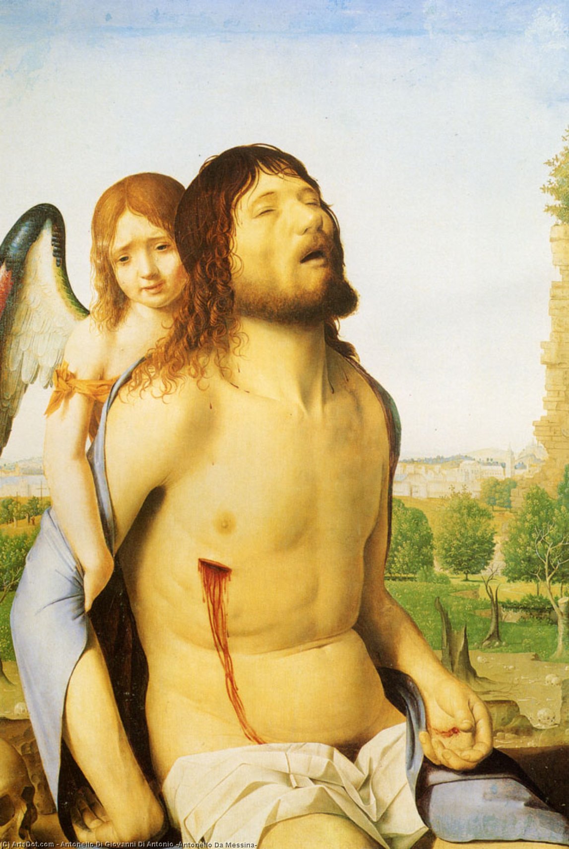 Wikioo.org - The Encyclopedia of Fine Arts - Painting, Artwork by Antonello Di Giovanni Di Antonio (Antonello Da Messina) - The Dead Christ Supported by an Angel