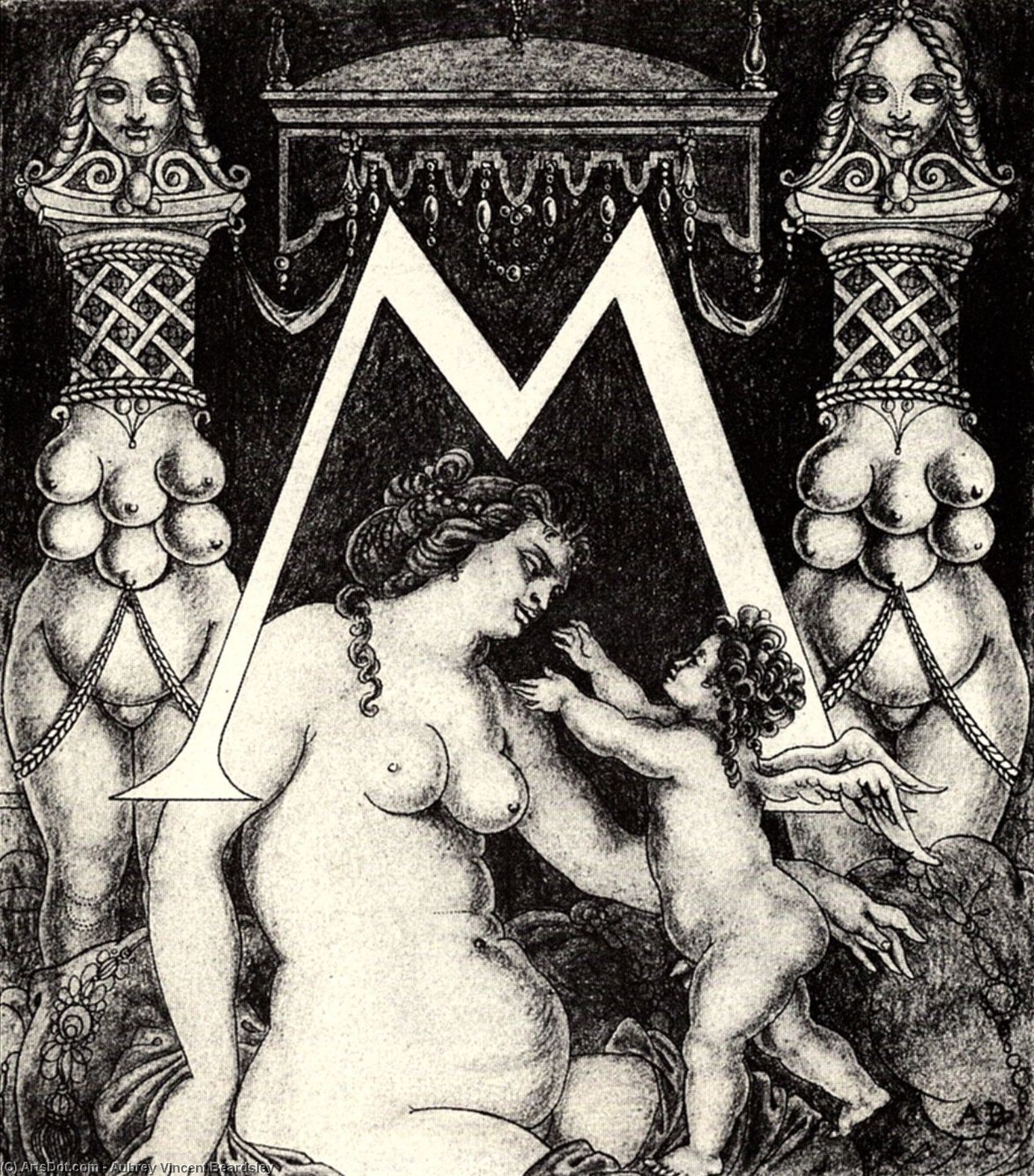 Wikioo.org - The Encyclopedia of Fine Arts - Painting, Artwork by Aubrey Vincent Beardsley - Initial M for Ben Jonson His Valpone