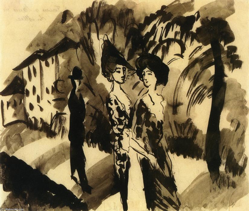 Wikioo.org - The Encyclopedia of Fine Arts - Painting, Artwork by August Macke - Two Women and a Man on an Avenue