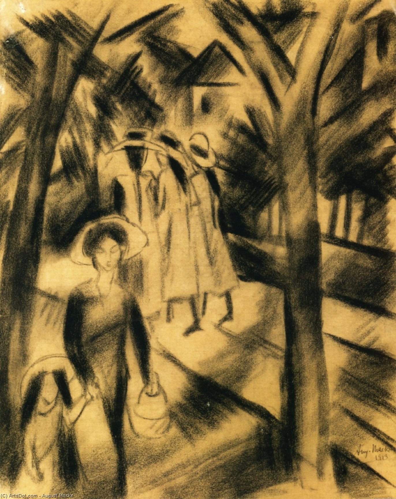 WikiOO.org - Encyclopedia of Fine Arts - Lukisan, Artwork August Macke - Woman with Child and Girls on a Road