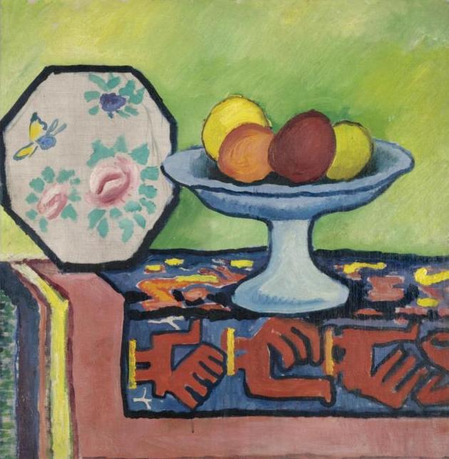 Wikioo.org - The Encyclopedia of Fine Arts - Painting, Artwork by August Macke - Still life with bowl of apples and Japanese fan