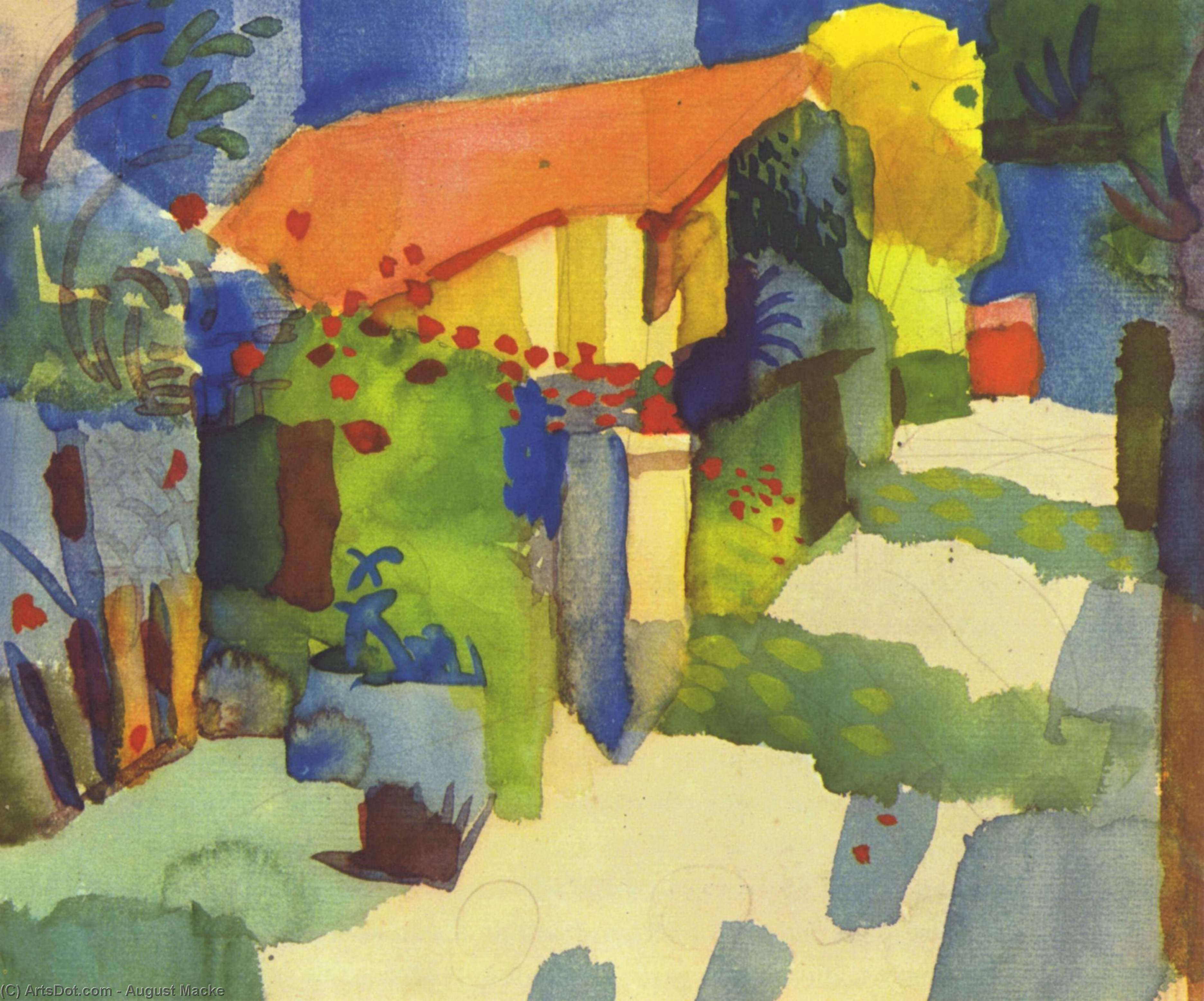 WikiOO.org - Encyclopedia of Fine Arts - Maleri, Artwork August Macke - House in the garden