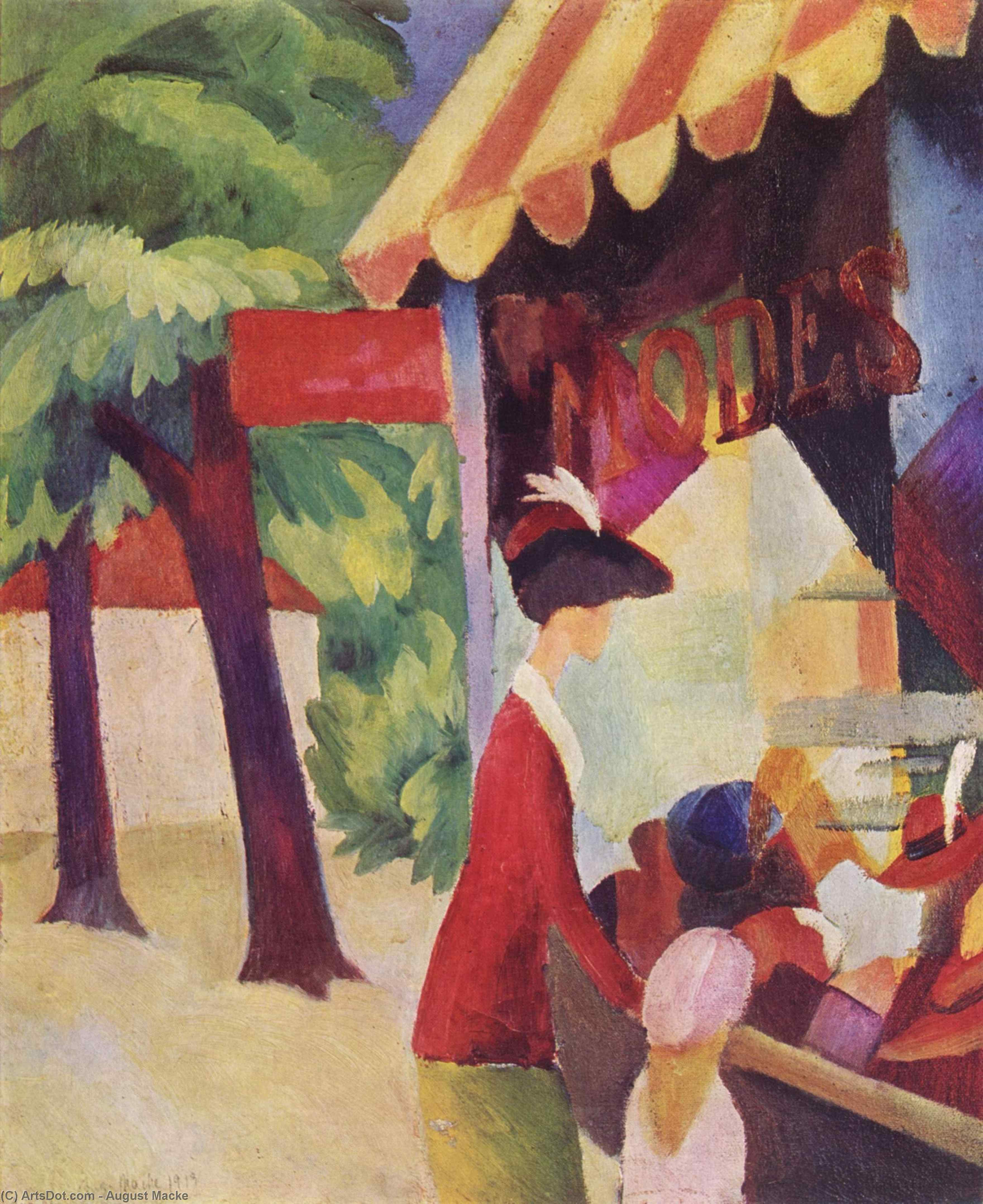 Wikioo.org - The Encyclopedia of Fine Arts - Painting, Artwork by August Macke - In front of the hat shop (woman with red jacket and child)