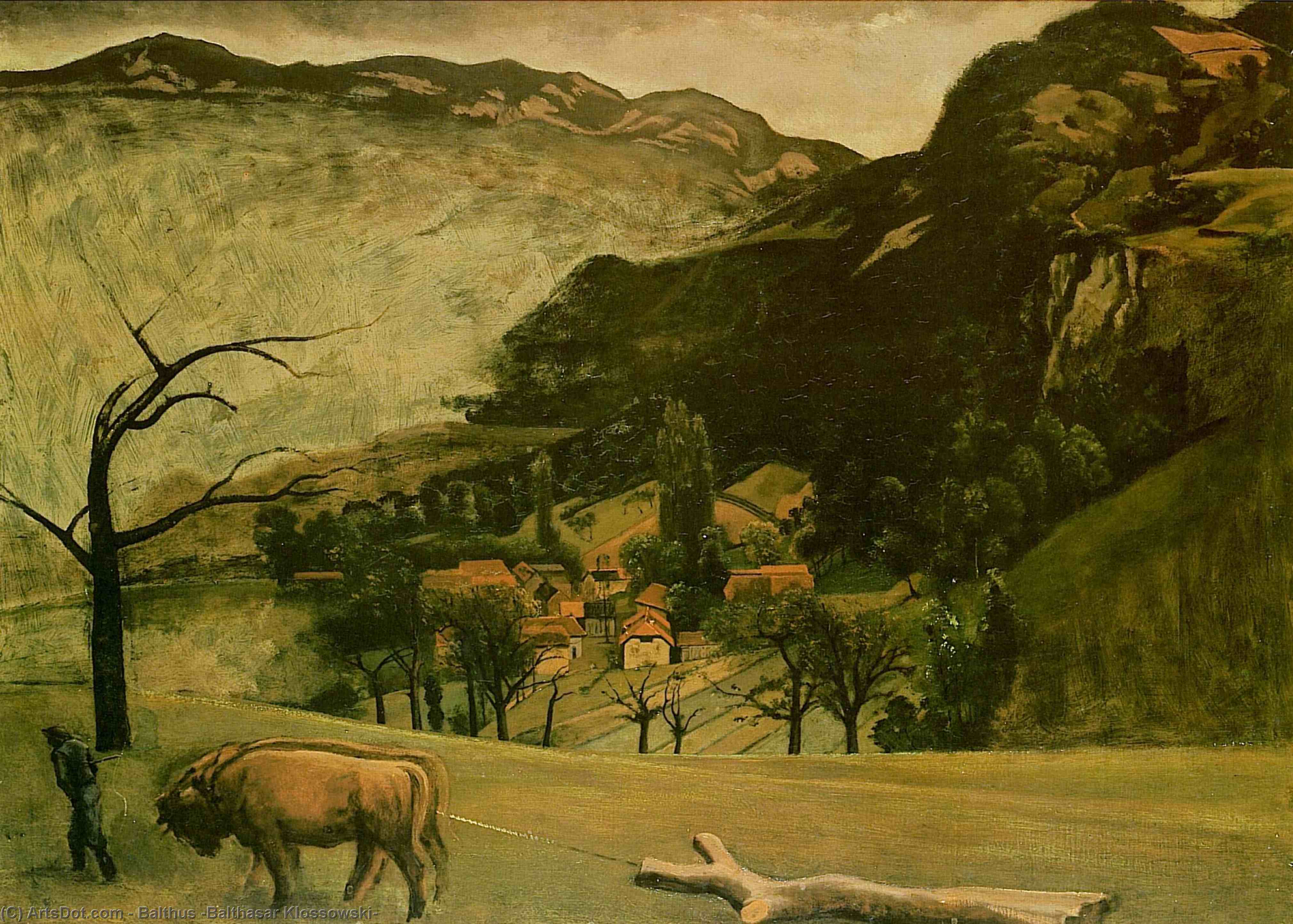 Wikoo.org - موسوعة الفنون الجميلة - اللوحة، العمل الفني Balthus (Balthasar Klossowski) - Landscape with Oxen