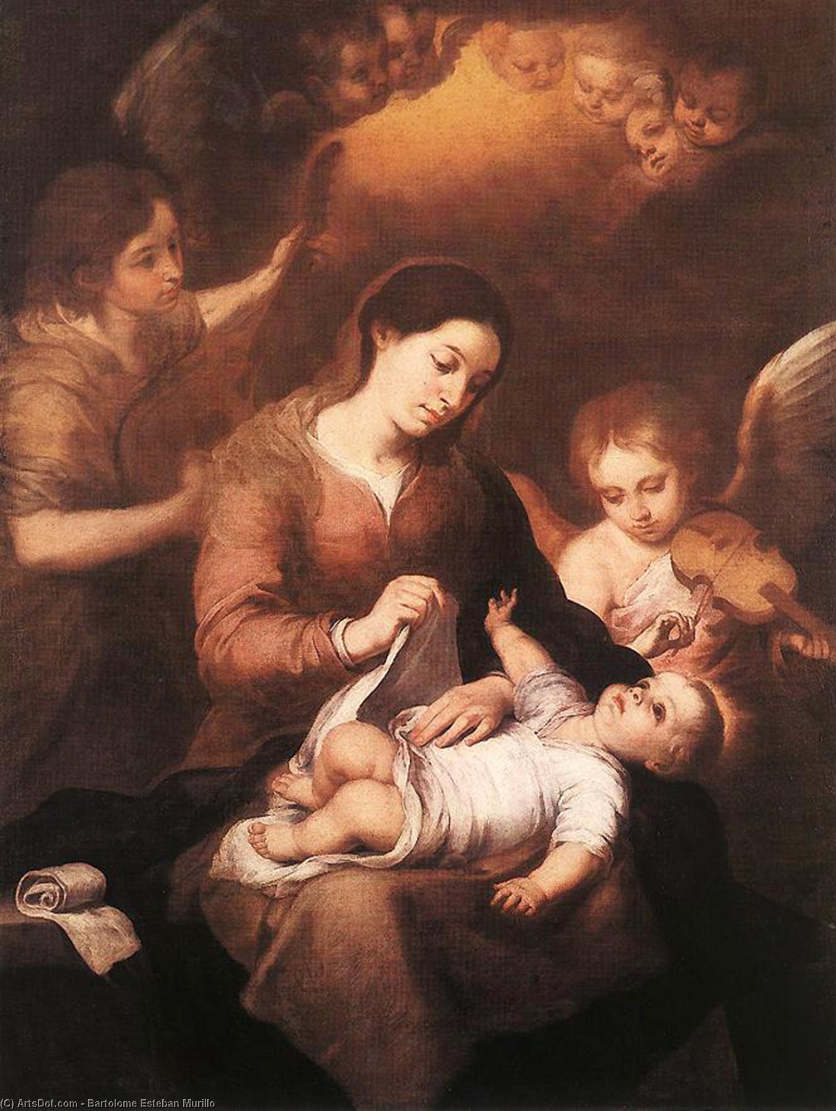 Wikioo.org - The Encyclopedia of Fine Arts - Painting, Artwork by Bartolome Esteban Murillo - Mary and Child with Angels Playing Music