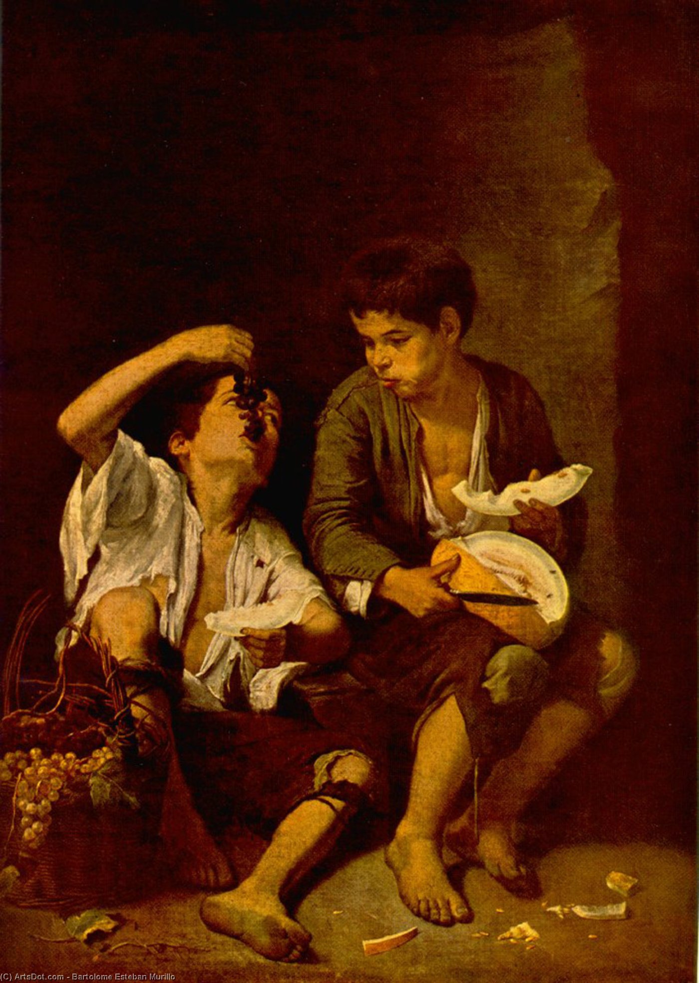 Wikioo.org - The Encyclopedia of Fine Arts - Painting, Artwork by Bartolome Esteban Murillo - Two Children Eating a Melon and Grapes