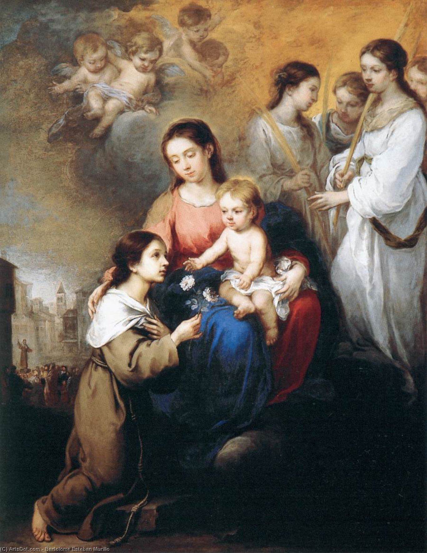 Wikioo.org - The Encyclopedia of Fine Arts - Painting, Artwork by Bartolome Esteban Murillo - The Virgin and Child with St. Rosalina