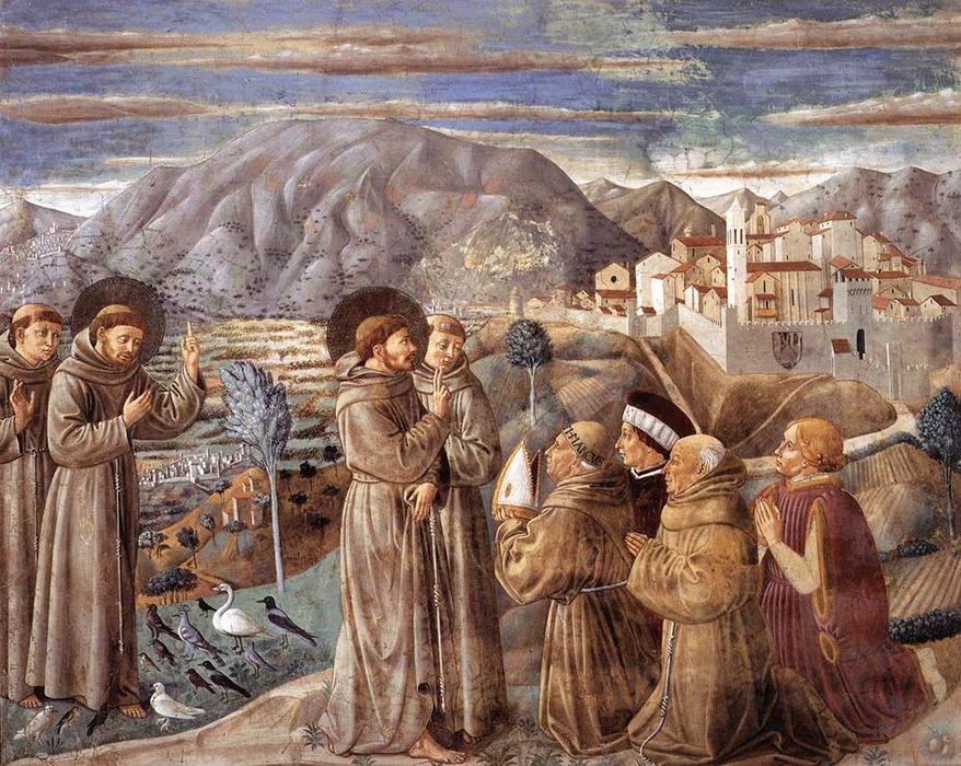 Wikioo.org - The Encyclopedia of Fine Arts - Painting, Artwork by Benozzo Gozzoli - Preaching to the Birds and Blessing Montefalco